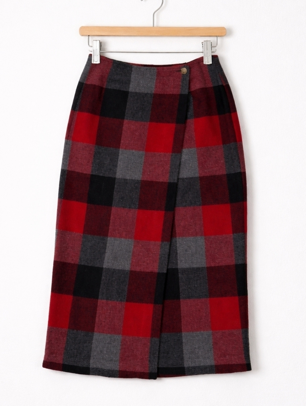 ✨2/$25 Old Navy~Women VTG 90 Long Wrap Skirt~Red Black Buffalo Plaid~Wool~4
